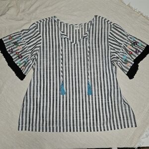 Rafaella Boho Black and White Striped Blouse with Embroidered Tassel Sleeves XL